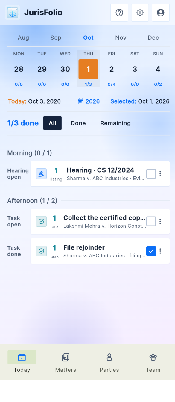 Today on a phone: calendar strip, hearing and task cards, bottom navigation