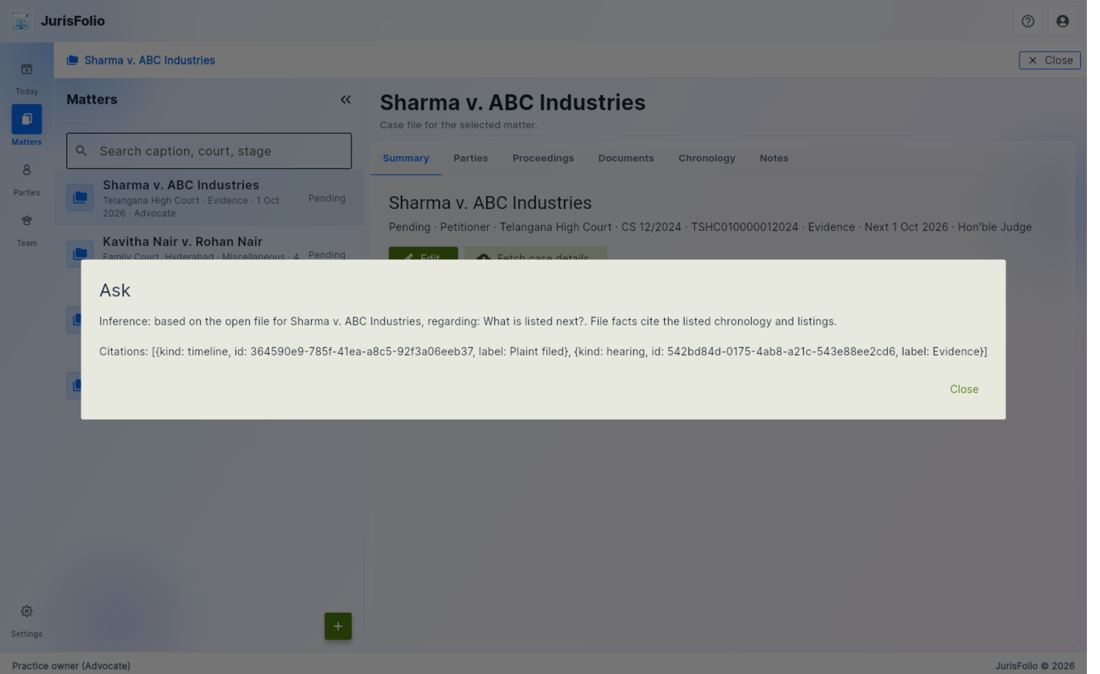 Ask dialog with citations on Sharma v. ABC Industries