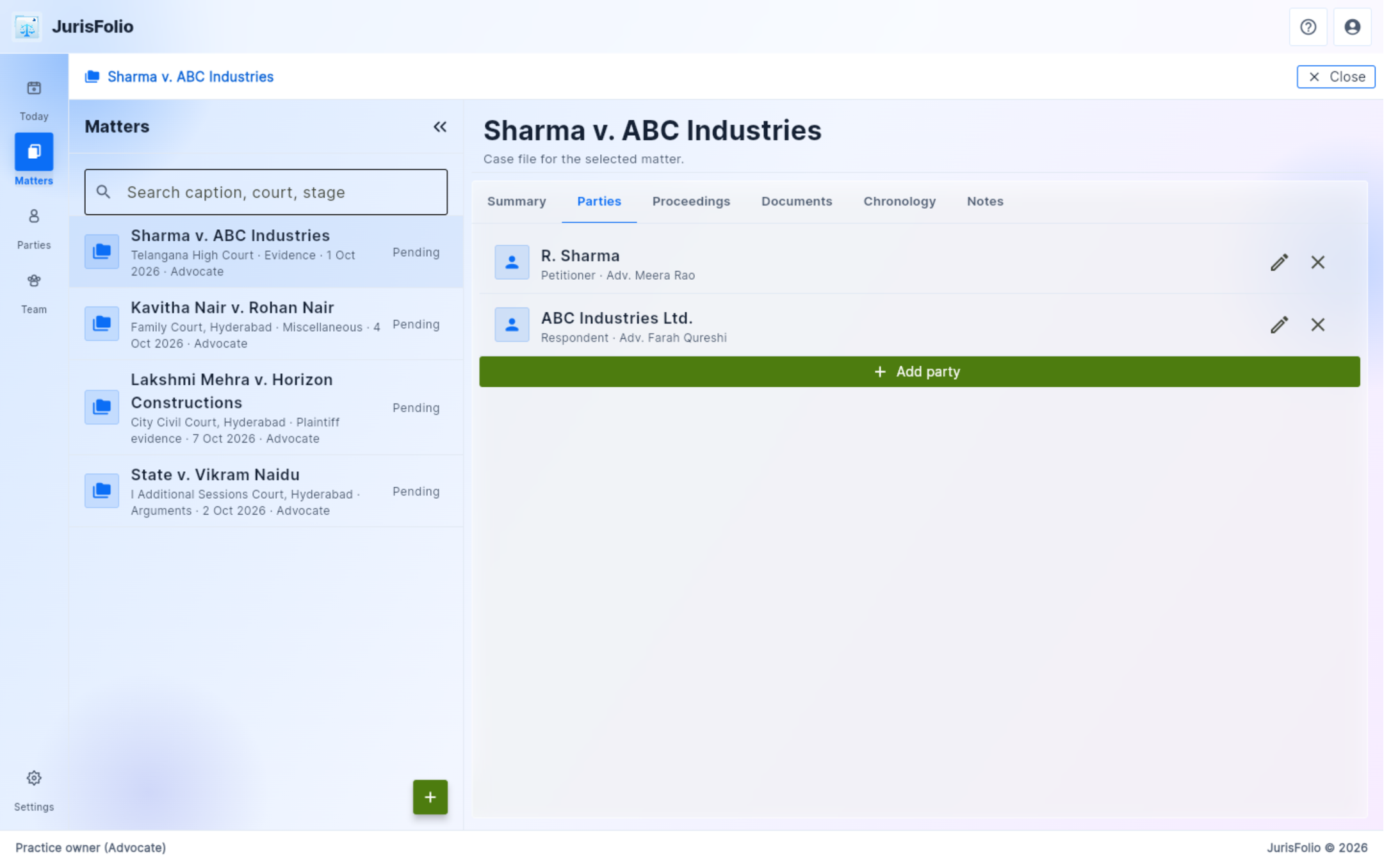 Parties tab on Sharma v. ABC Industries