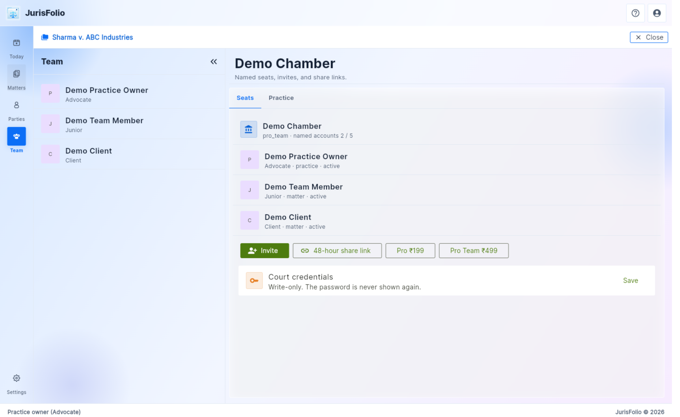 Team seats and share actions